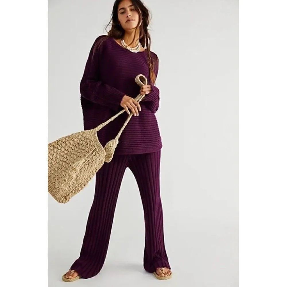 NEW FREE PEOPLE BEACH Sz XS RIBBED IMOGENE SWEATER & WIDE LEG PANTS SET